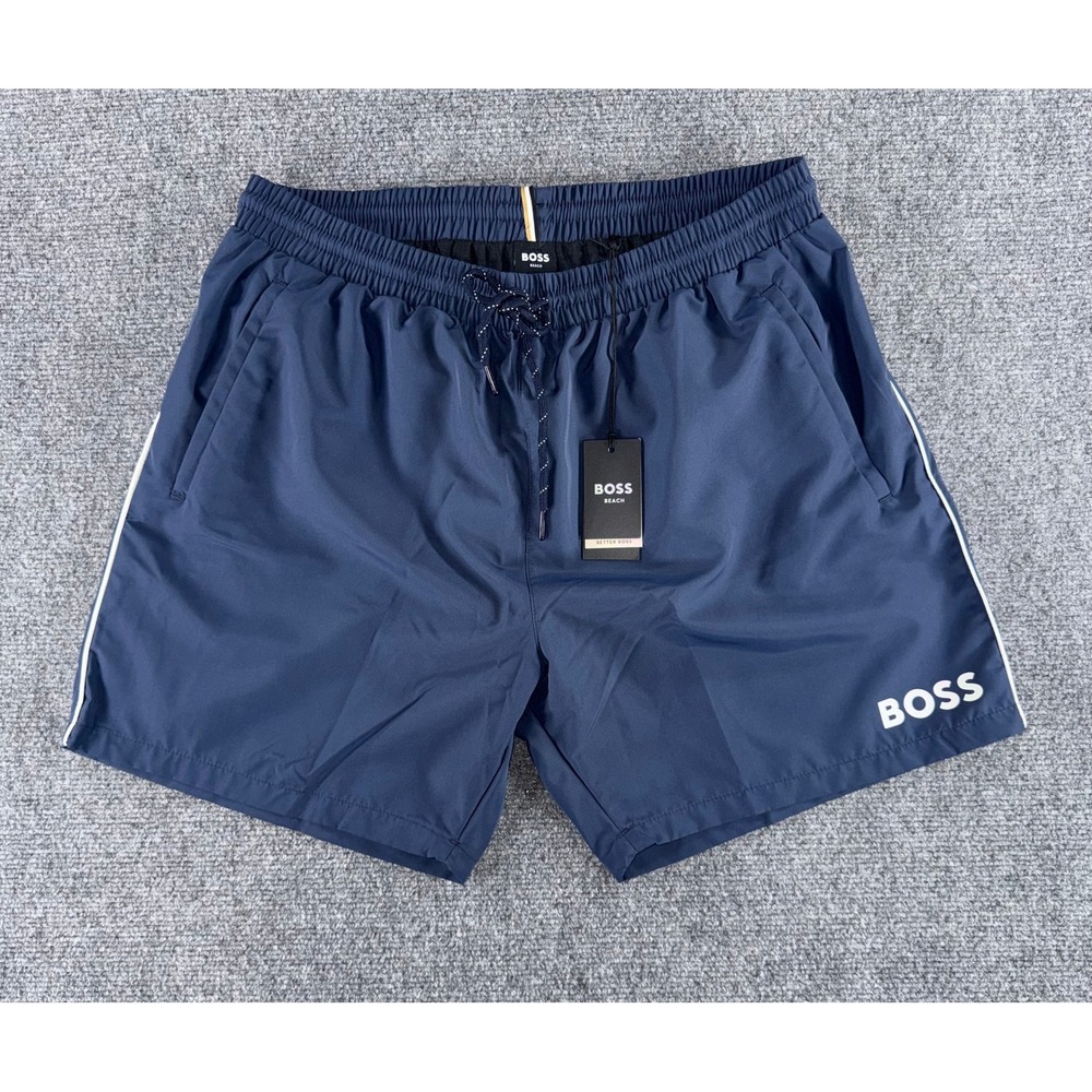 Hugo Boss Beach Mens Navy Blue Swim Shorts Trunks Logo XL NEW